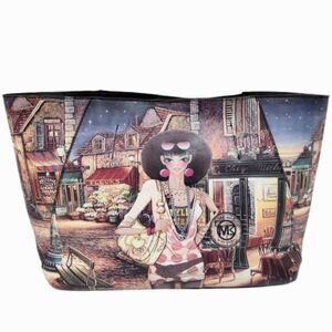 Michael Michelle Large Coated Canvas Printed French Market Scene Tote Bag